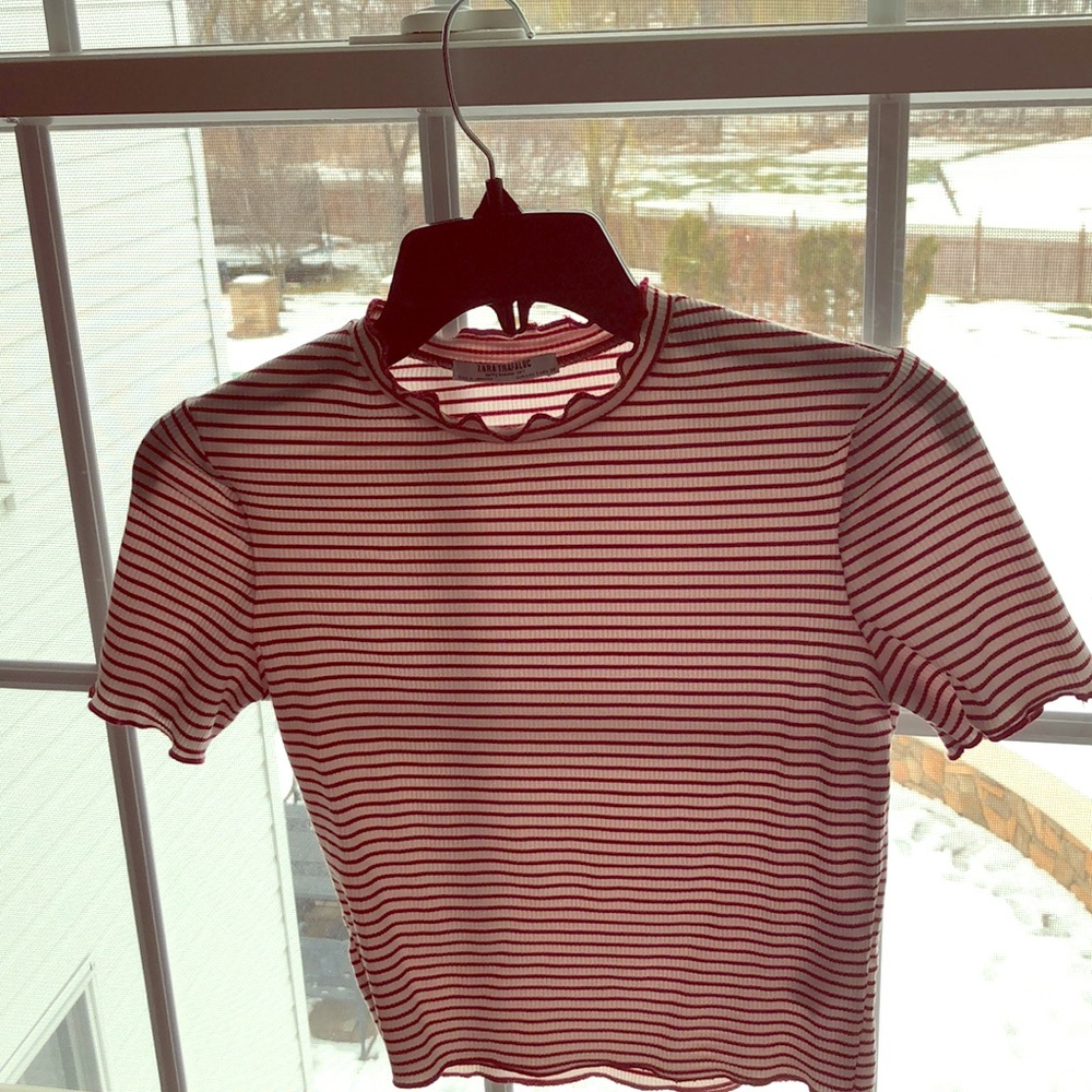 Zara ruffled white and red striped t shirt